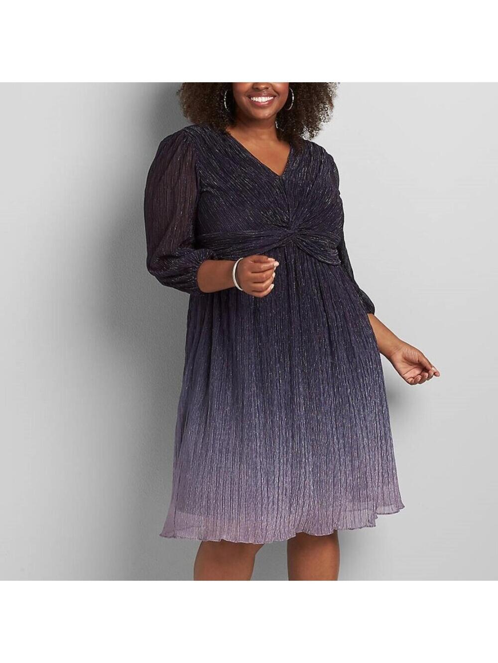 NWT Lane Bryant Metallic Ombre Pleated Midi Dress Night Sky Blue Purple 12 NEW